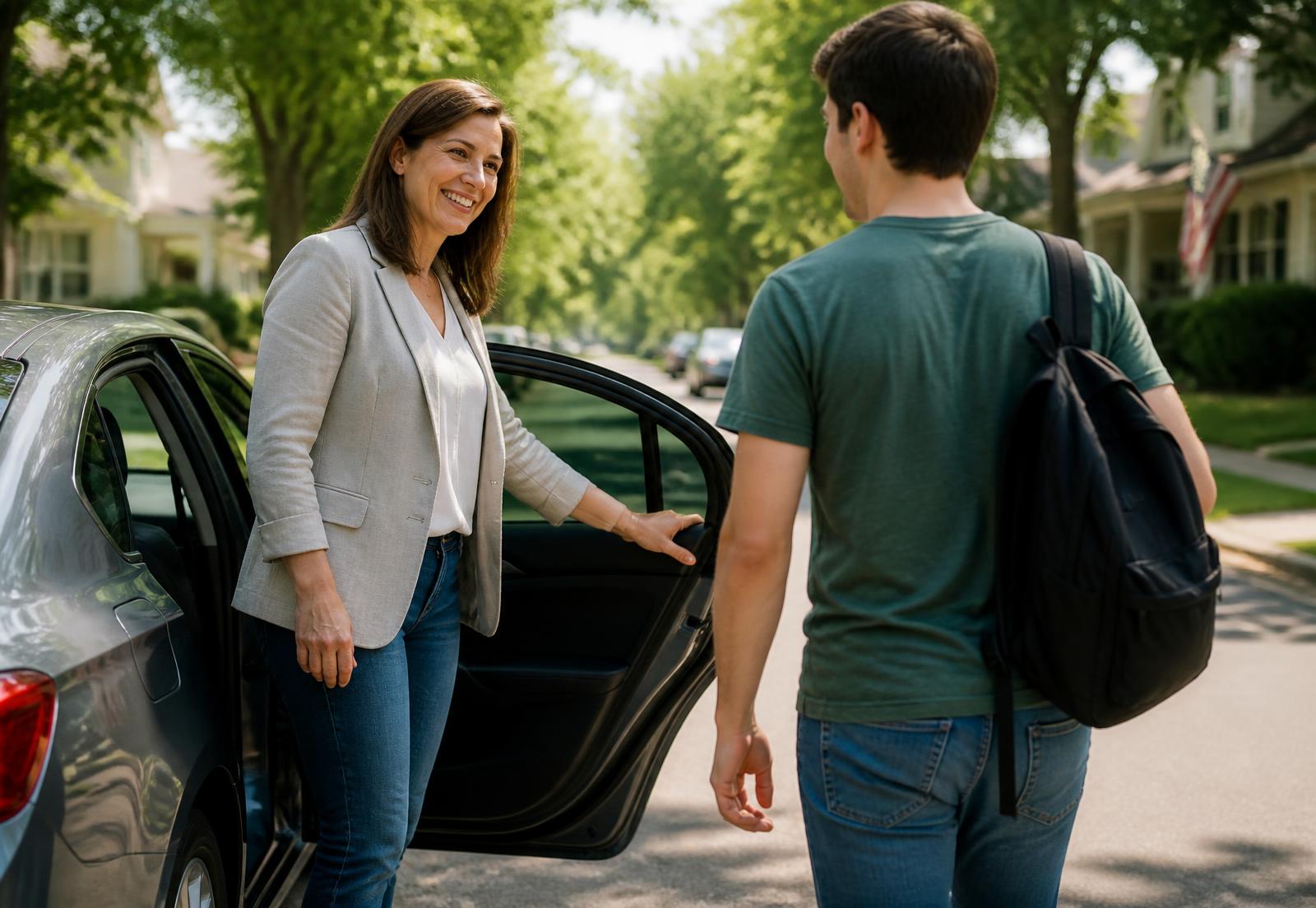 A support professional welcoming a young adult to a coordinated ride on a sunny suburban street
